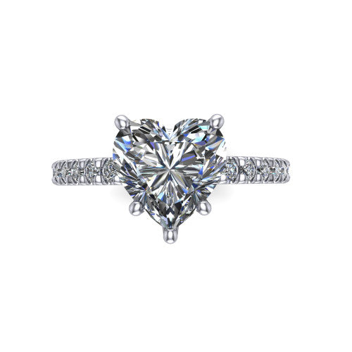Jacqueline heart-shaped classic engagement ring in 14K White Gold, top-down view showing the heart-shaped center diamond and the micro-pavé band