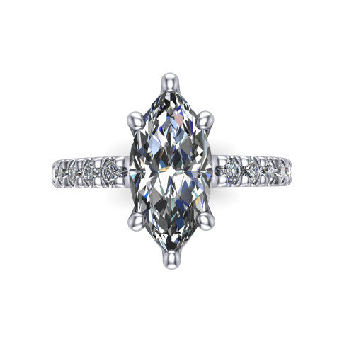 Jacqueline marquise-cut classic engagement ring in 14K White Gold, top-down view showing the marquise-cut center diamond and the micro-pavé band