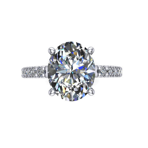 Jacqueline oval classic engagement ring in 14K White Gold, top-down view showing the oval center diamond and the micro-pavé band