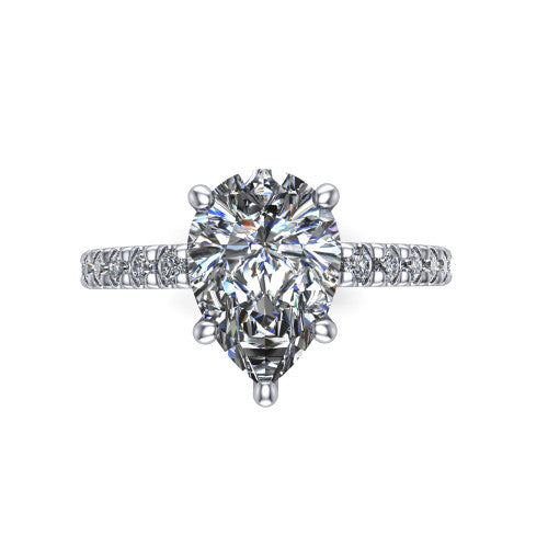 Jacqueline pear-shaped classic engagement ring in 14K White Gold, top-down view showing the pear-shaped center diamond and the micro-pavé band