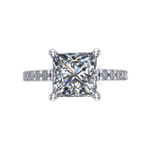 Jacqueline princess-cut classic engagement ring in 14K White Gold, top-down view showing the princess-cut center diamond and the micro-pavé band