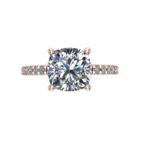 Jacqueline cushion-cut classic engagement ring in 14K Rose Gold, top-down view showing the cushion-cut center diamond and the micro-pavé band
