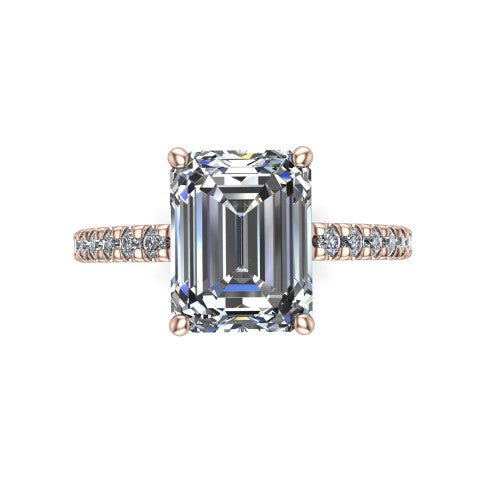 Jacqueline emerald-cut classic engagement ring in 18K Rose Gold, top-down view showing the emerald-cut center diamond and the micro-pavé band