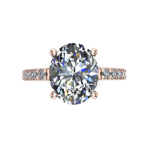 Jacqueline oval classic engagement ring in 18K Rose Gold, top-down view showing the oval center diamond and the micro-pavé band