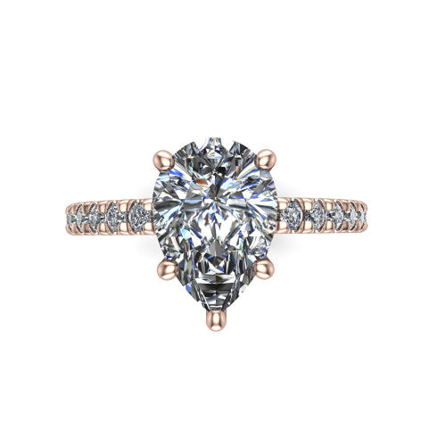 Jacqueline pear-shaped classic engagement ring in 14K Rose Gold, top-down view showing the pear-shaped center diamond and the micro-pavé band