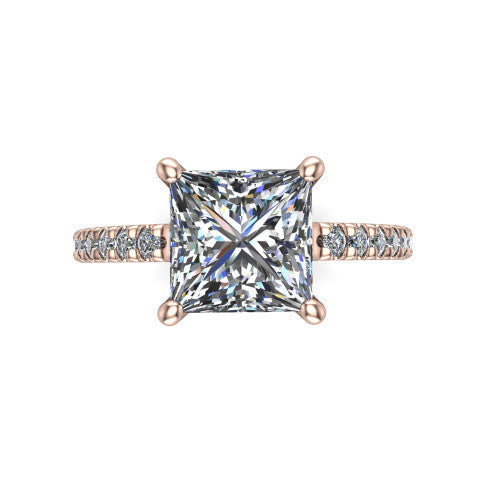Jacqueline princess-cut classic engagement ring in 14K Rose Gold, top-down view showing the princess-cut center diamond and the micro-pavé band