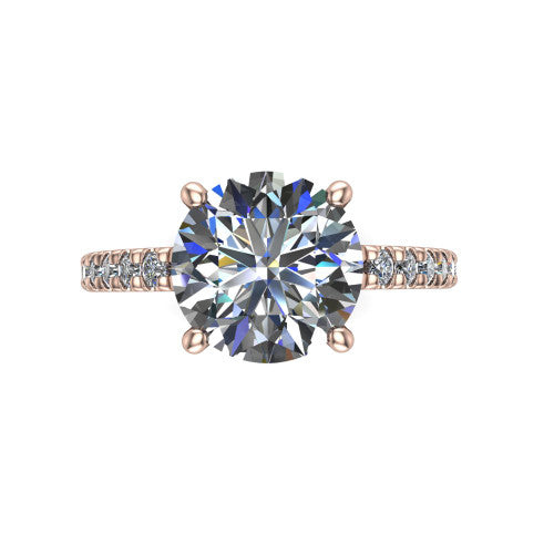 Jacqueline round classic engagement ring in 14K Rose Gold, top-down view showing the round center diamond and the micro-pavé band