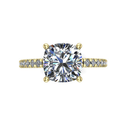 Jacqueline cushion-cut classic engagement ring in 14K Yellow Gold, top-down view showing the cushion-cut center diamond and the micro-pavé band