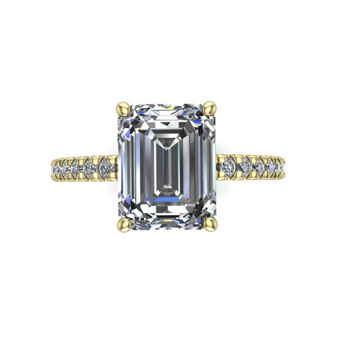 Jacqueline emerald-cut classic engagement ring in 18K Yellow Gold, top-down view showing the emerald-cut center diamond and the micro-pavé band