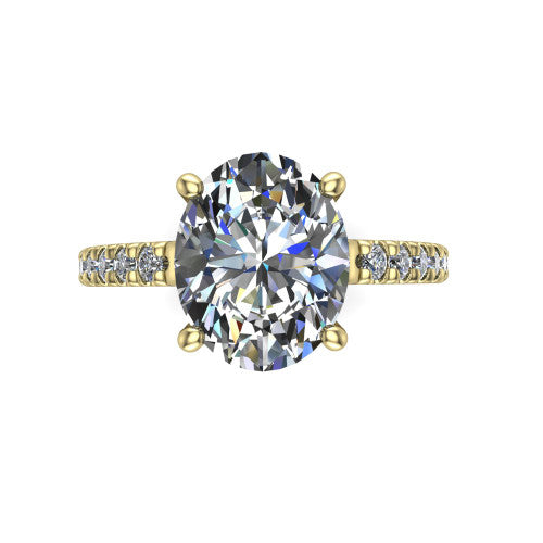 Jacqueline oval classic engagement ring in 18K Yellow Gold, top-down view showing the oval center diamond and the micro-pavé band