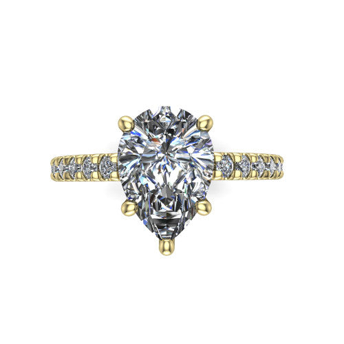 Jacqueline pear-shaped classic engagement ring in 18K Yellow Gold, top-down view showing the pear-shaped center diamond and the micro-pavé band
