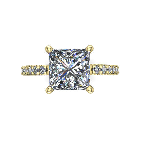 Jacqueline princess-cut classic engagement ring in 18K Yellow Gold, top-down view showing the princess-cut center diamond and the micro-pavé band