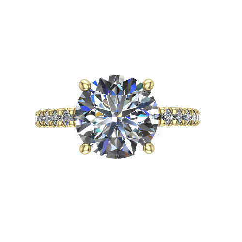 Jacqueline round classic engagement ring in 18K Yellow Gold, top-down view showing the round center diamond and the micro-pavé band
