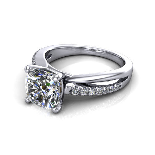 Marley cushion solitaire engagement ring in 14K White Gold, three-quarter perspective showing the cushion center diamond above a split two-line pave shank