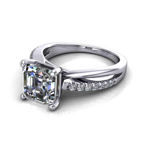 Marley square emerald solitaire engagement ring in 14K White Gold, three-quarter perspective showing the square emerald center diamond above a split two-line pave shank