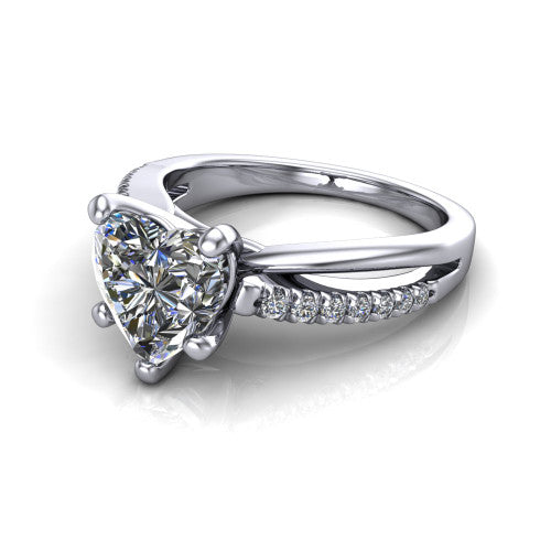 Marley heart solitaire engagement ring in Platinum, three-quarter perspective showing the heart center diamond above a split two-line pave shank