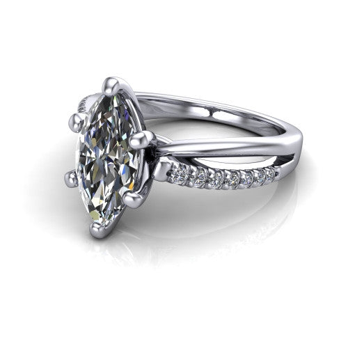 Marley marquise solitaire engagement ring in 14K White Gold, three-quarter perspective showing the marquise center diamond above a split two-line pave shank