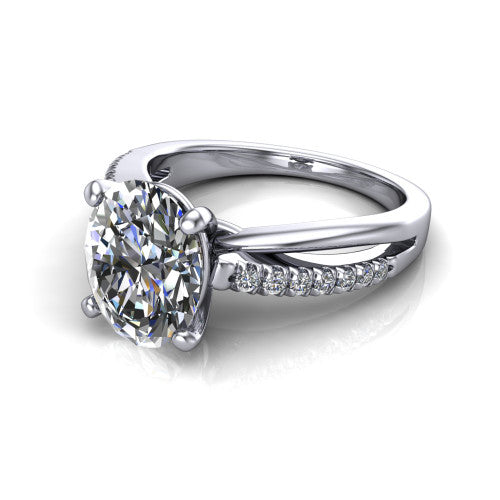Marley oval solitaire engagement ring in 14K White Gold, three-quarter perspective showing the oval center diamond above a split two-line pave shank