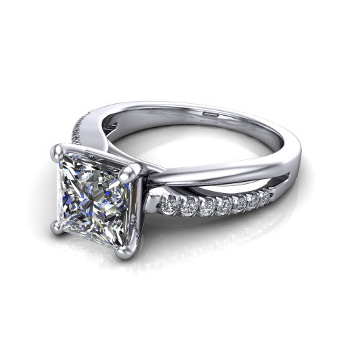Marley princess solitaire engagement ring in Platinum, three-quarter perspective showing the princess center diamond above a split two-line pave shank