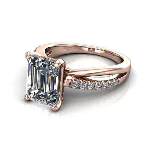 Marley emerald solitaire engagement ring in 18K Rose Gold, three-quarter perspective showing the emerald center diamond above a split two-line pave shank