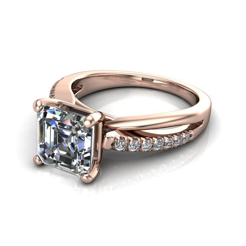 Marley square emerald solitaire engagement ring in 14K Rose Gold, three-quarter perspective showing the square emerald center diamond above a split two-line pave shank