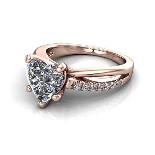 Marley heart solitaire engagement ring in 14K Rose Gold, three-quarter perspective showing the heart center diamond above a split two-line pave shank