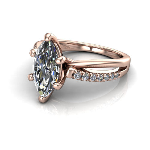 Marley marquise solitaire engagement ring in 18K Rose Gold, three-quarter perspective showing the marquise center diamond above a split two-line pave shank
