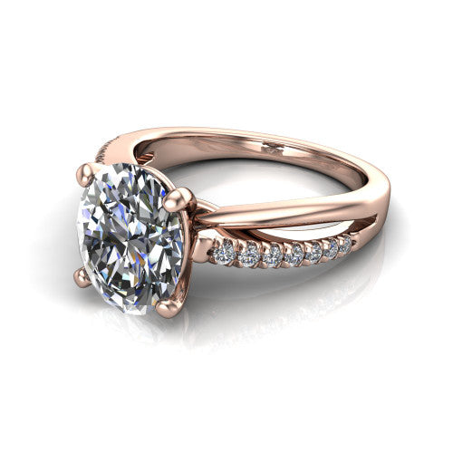 Marley oval solitaire engagement ring in 14K Rose Gold, three-quarter perspective showing the oval center diamond above a split two-line pave shank