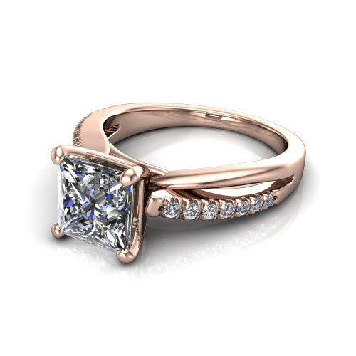 Marley princess solitaire engagement ring in 18K Rose Gold, three-quarter perspective showing the princess center diamond above a split two-line pave shank