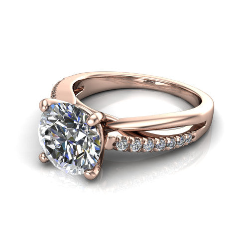 Marley round solitaire engagement ring in 18K Rose Gold, three-quarter perspective showing the round center diamond above a split two-line pave shank