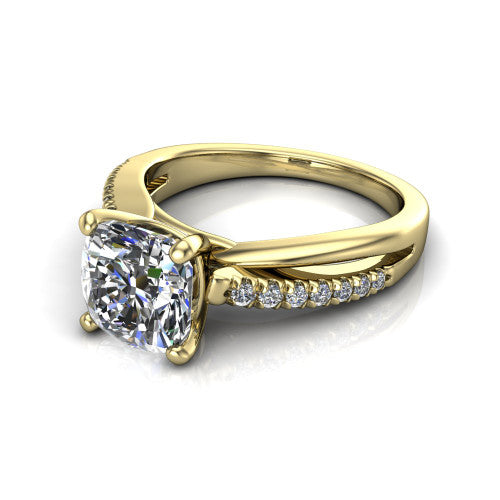 Marley cushion solitaire engagement ring in 18K Yellow Gold, three-quarter perspective showing the cushion center diamond above a split two-line pave shank