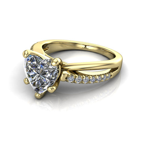 Marley heart solitaire engagement ring in 18K Yellow Gold, three-quarter perspective showing the heart center diamond above a split two-line pave shank