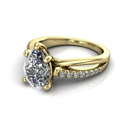 Marley pear solitaire engagement ring in 14K Yellow Gold, three-quarter perspective showing the pear center diamond above a split two-line pave shank