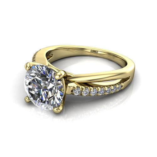 Marley round solitaire engagement ring in 18K Yellow Gold, three-quarter perspective showing the round center diamond above a split two-line pave shank