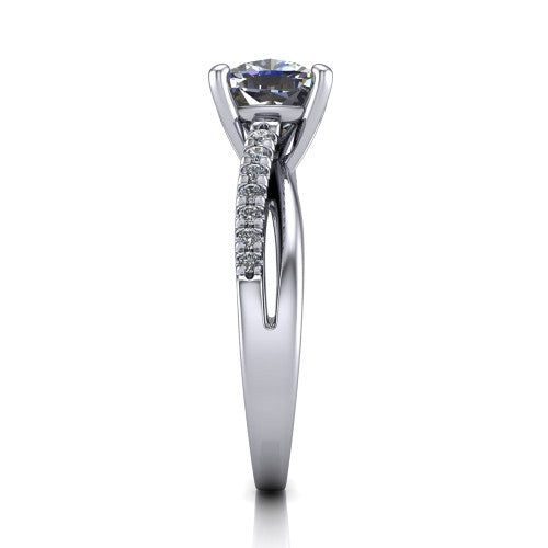 Marley cushion solitaire engagement ring in 14K White Gold, side profile showing the split two-line pave shank