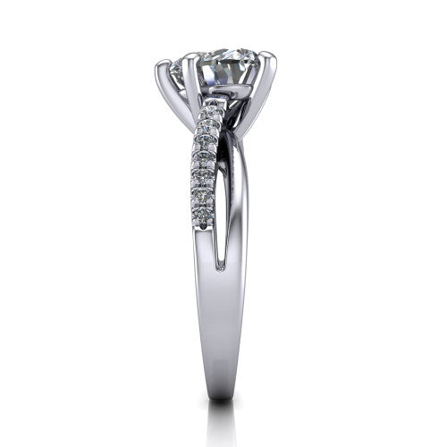 Marley heart solitaire engagement ring in Platinum, side profile showing the split two-line pave shank