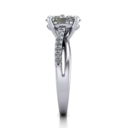Marley oval solitaire engagement ring in Platinum, side profile showing the split two-line pave shank