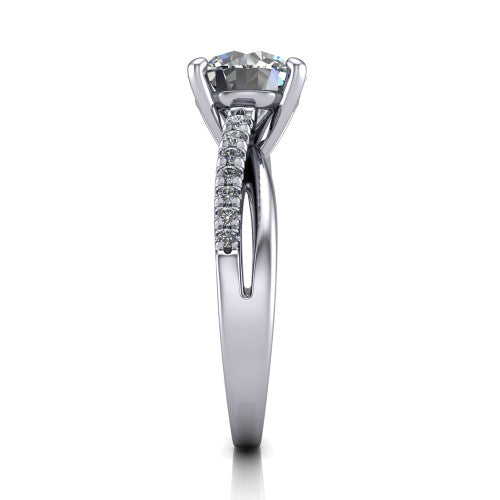 Marley round solitaire engagement ring in Platinum, side profile showing the split two-line pave shank