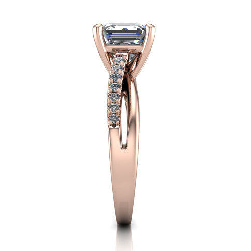 Marley square emerald solitaire engagement ring in 14K Rose Gold, side profile showing the split two-line pave shank