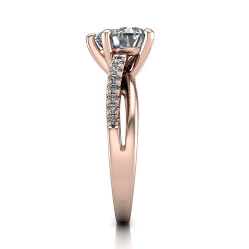Marley heart solitaire engagement ring in 18K Rose Gold, side profile showing the split two-line pave shank