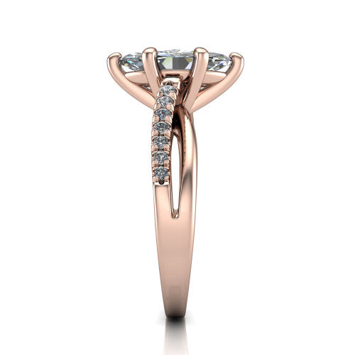 Marley marquise solitaire engagement ring in 14K Rose Gold, side profile showing the split two-line pave shank