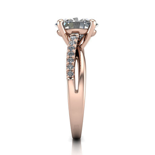 Marley oval solitaire engagement ring in 18K Rose Gold, side profile showing the split two-line pave shank