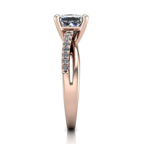 Marley princess solitaire engagement ring in 18K Rose Gold, side profile showing the split two-line pave shank