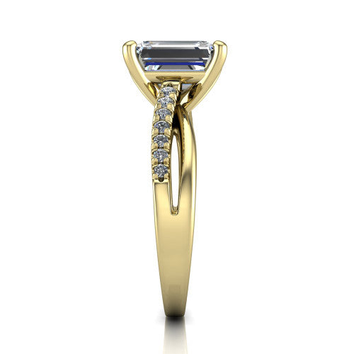 Marley emerald solitaire engagement ring in 18K Yellow Gold, side profile showing the split two-line pave shank
