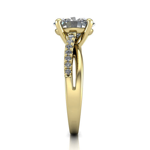 Marley oval solitaire engagement ring in 18K Yellow Gold, side profile showing the split two-line pave shank
