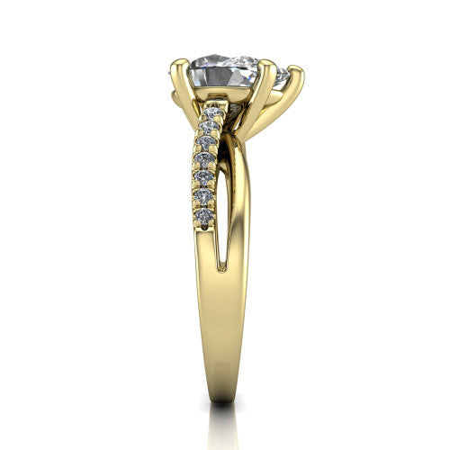 Marley pear solitaire engagement ring in 14K Yellow Gold, side profile showing the split two-line pave shank