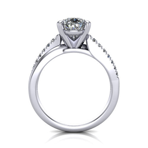 Marley pear solitaire engagement ring in Platinum, through-finger front profile showing the open cathedral basket