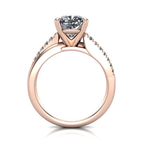 Marley cushion solitaire engagement ring in 14K Rose Gold, through-finger front profile showing the open cathedral basket