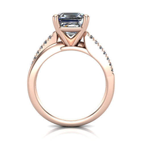 Marley square emerald solitaire engagement ring in 14K Rose Gold, through-finger front profile showing the open cathedral basket