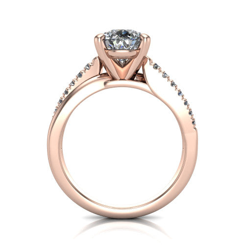 Marley pear solitaire engagement ring in 18K Rose Gold, through-finger front profile showing the open cathedral basket